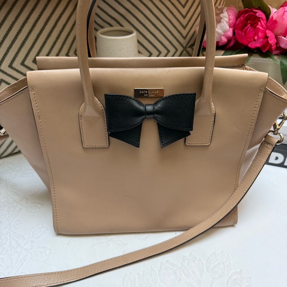 Kate Spade Cream and Black Satchel with Black Bow